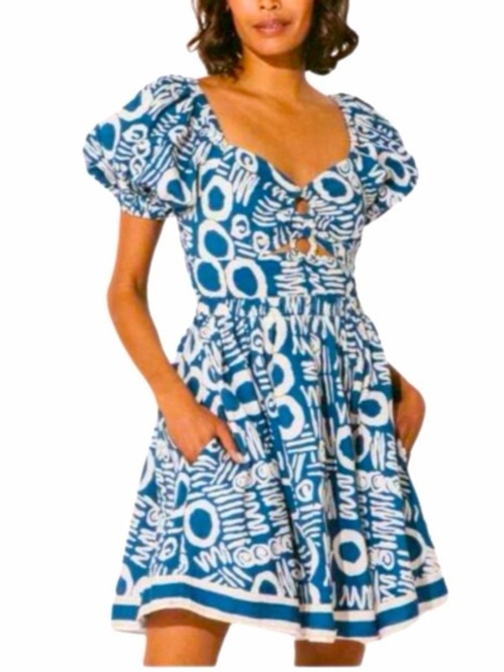 Cleobella Blue & White Printed Puff-Sleeve Mini Dress